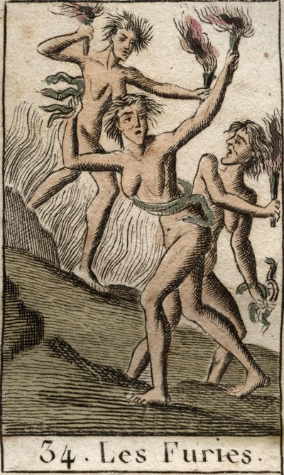 Darstellung der Furien, Tisiphone, Megäre und Alecto, als ausgemergelte Frauen. Aus „Mythologie der Jugend“ von Pierre Blanchard 1803. von French School