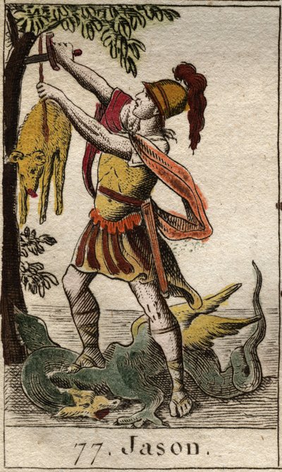 Darstellung von Jason, der das Goldene Vlies zurückholt, nach dem Triumph über den schlafenden Drachen, der das Goldene Vlies bewachte. Aus „Mythologie der Jugend“ von Pierre Blanchard 1803. von French School