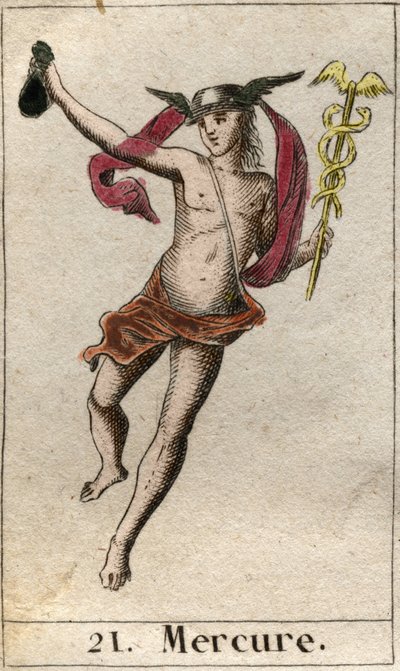 Darstellung von Merkur, Gott des Handels, der Reisen und Bote der anderen Götter. Er hält einen Hermesstab und trägt einen Petasos. Aus „Mythologie der Jugend“ von Pierre Blanchard 1803. von French School