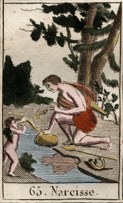 Darstellung von Narziss, einem jungen Mann, der sich in sein eigenes Spiegelbild verliebt. Aus „Mythologie der Jugend“ von Pierre Blanchard 1803 von French School