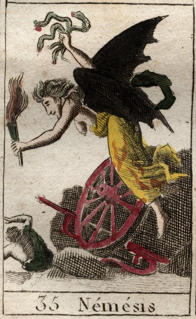 Darstellung von Nemesis, Göttin der Rache, dargestellt als geflügelte Frau, die eine Fackel und Schlangen hält. Aus „Mythologie der Jugend“ von Pierre Blanchard 1803 von French School