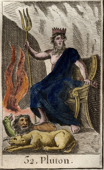 Darstellung von Pluto, Gott der Unterwelt, zu seinen Füßen Cerberus, der dreiköpfige Hund, Wächter der Unterwelt. Aus „Mythologie der Jugend“ von Pierre Blanchard 1803. von French School