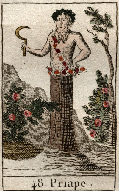 Darstellung von Priapus, Gott der Fruchtbarkeit, oft dargestellt mit einem permanent erigierten Penis, er hält eine Sichel. Aus „Mythologie der Jugend“ von Pierre Blanchard 1803. von French School