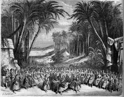 Darstellung einer Oper: Bühnenbild des 2. Aktes von „Die Königin von Saba“ nach einem Libretto von Michel Carré (1819-1872) und Jules Barbier (1822-1901) und Musik von Charles Gounod (1818-1893). Paris, Théâtre de l