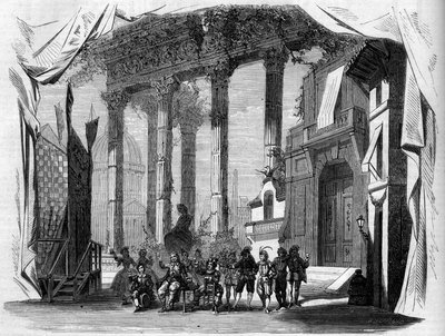 Darstellung einer Oper: Bühnenbild des 1. Aktes von „Salvador Rosa“ nach einem Libretto von Henry Trianon (1811-1896) und Eugène Grange (1810-1887), und Musik von Jules Laurent Duprato (1827-1892). Paris, Opéra Comique von French School