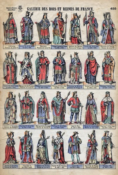 Darstellung der Könige und Königinnen Frankreichs aus der Kapetinger-Dynastie (von Ludwig VII. bis Karl VIII.). Illustration Ende des 19. Jahrhunderts. von French School