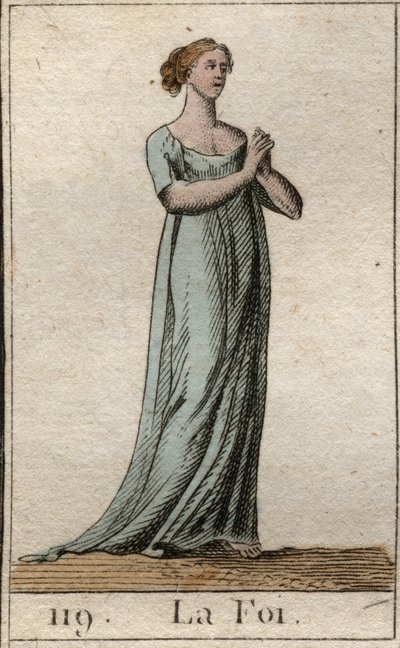 Darstellung des Glaubens, Frau in Weiß gekleidet mit gefalteten Händen. Aus „Mythologie der Jugend“ von Pierre Blanchard 1803 von French School
