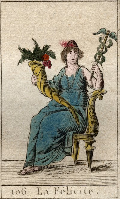Darstellung der Göttin des Glücks (oder Eudämonie), die in einer Hand einen Stab und in der anderen ein Füllhorn hält. Aus „Mythologie der Jugend“ von Pierre Blanchard 1803. von French School