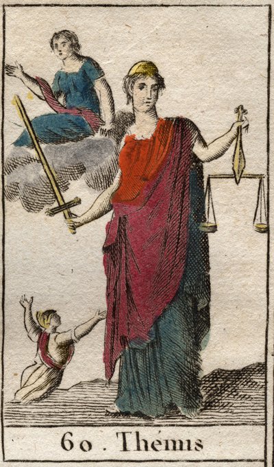 Darstellung der Göttin der Gerechtigkeit und des Gesetzes, Themis, sie hält eine Waage und ein Schwert. Aus „Mythologie der Jugend“ von Pierre Blanchard 1803. von French School