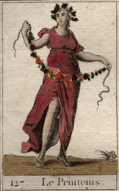Darstellung des Frühlings in Gestalt von Flora, die einen Blumenkranz hält. Aus „Mythologie der Jugend“ von Pierre Blanchard 1803 von French School