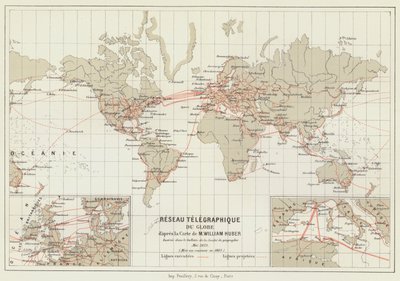 Telegraphennetz der Welt (Farblithographie) von French School