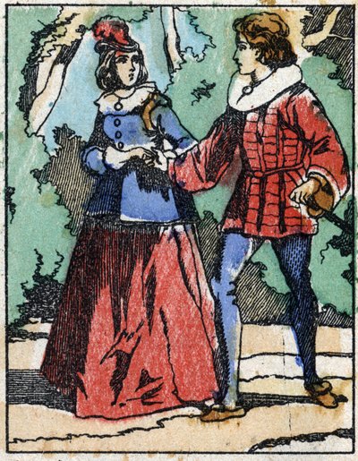 Riquet stellt sich der Prinzessin erneut vor. Illustration für „Riquet mit der Locke“, Märchen von Charles Perrault (1628-1703), französischer Schriftsteller. Holzstich von Imaging Pellerin - Epinal, sp. Ende des 19. Jahrhunderts. von French School