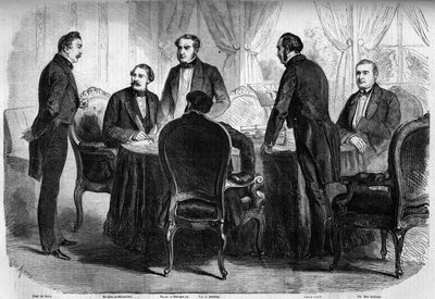 Risorgimento - Vertrag von Zürich - 10. November 1859: Unterzeichnung des Vertrags von Zürich durch die Bevollmächtigten von Frankreich, Österreich und Sardinien. Österreich muss die Lombardei an Italien abtreten. Gravur in „Le Monde Illustré“ Nr. 136 vom  von French School