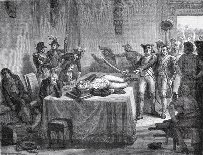 Robespierre wartet auf die Hinrichtung, nachdem er sich 1794 in den Kiefer geschossen hat von French School