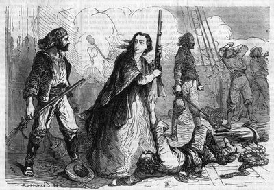 Romanserie: „Denkwürdigkeiten von Joseph Garibaldi“ von Alexandre Dumas (1802-1870). Anita Garibaldi (1821-1849), Ehefrau von Giuseppe Garibaldi, nimmt an der Schlacht teil, mit einem Gewehr in der Hand. Gravur in „Les bons romans“ von French School