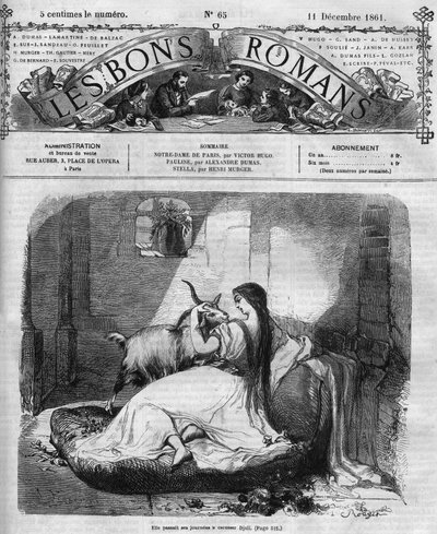 Romanserie: „Notre Dame de Paris“ von Victor Hugo (1802-1885). Esmeralda und die Ziege. Gravur in „Les bons romans“ von French School