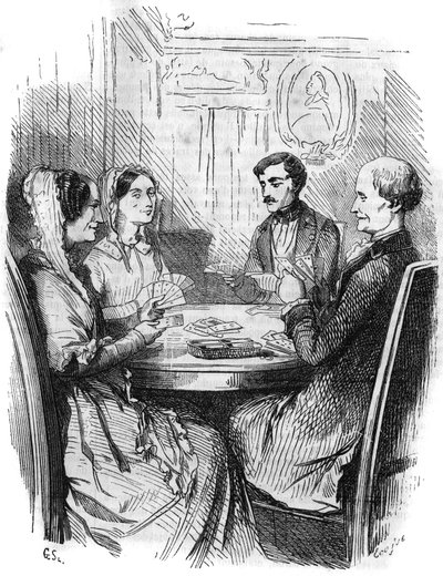 Romanserie: „Der Graf von Monte Christo“ von Alexandre Dumas (1802-1870). Ein Kartenspiel zwischen vier Charakteren. Gravur in „Les bons romans“ von French School