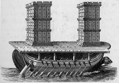 Römisches Schiff mit Türmen. Gravur in „La Marine et les colonies: commerce“ von French School