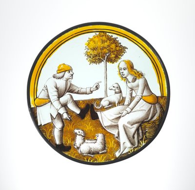 Rundel mit Paar beim Quintain-Spiel, ca. 1500 (Glas, Glasmalerei und Silberstich) von French School