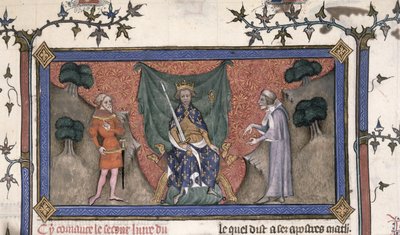 König Karl V. (1337-80) von Frankreich thront mit Krone, Schwert und Zepter zwischen einem Ritter und einem Schreiber von French School