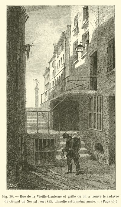 Rue de la Vieille-Lanterne und Gitter, wo 1855 die Leiche von Gérard de Nerval gefunden wurde, im selben Jahr abgerissen von French School