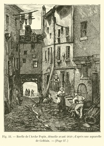 Gasse der Arche Popin, abgerissen vor 1840; nach einem Aquarell von Goblain von French School