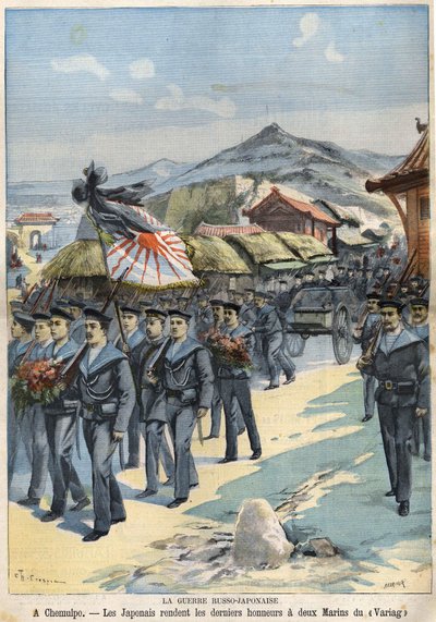 Russisch-Japanischer Krieg in Chemulpo, die Japaner erweisen zwei Matrosen der Virag die letzten Ehren. Le Petit Parisien vom 3. April von French School