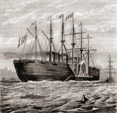 SS Great Eastern, eisernes Segeldampfschiff, entworfen von Isambard Kingdom Brunel, aus Les Merveilles de la Science, veröffentlicht um 1870 (Stich) von French School