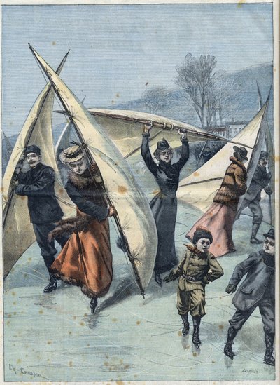 Segelschlittschuhlaufen in Kanada: Freizeitbeschäftigung der Kanadier auf Schlittschuhen und Segeln auf einer Eisbahn, in „Le Petit Parisien“. von French School