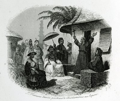 Der heilige Franz Xaver predigt das Christentum in Japan. Gravur zur Illustration der Geschichte und Beschreibung Japans von Pater de Charlevoix, A. Mame et Compagnie, Tours von French School