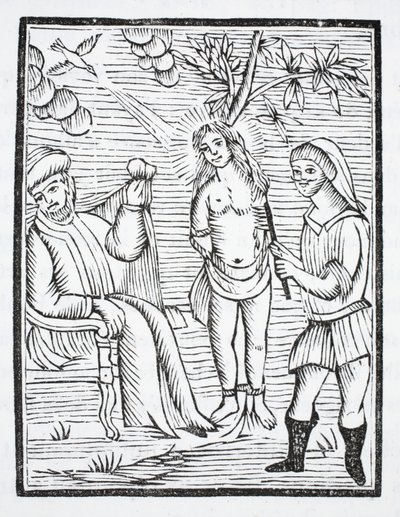 Die heilige Reine wird gefoltert, ihre Haut wird von Eisenkämmen zerrissen, auf Befehl von Olibre, weil sie sich weigert, ihren Glauben zu verleugnen von French School