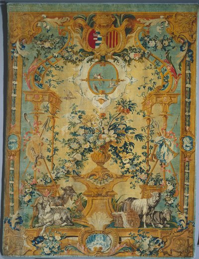 Savonnerie-Panel: Frühling mit Wappen, hergestellt von Savonnerie-Fabrik, Frankreich, vor 1717 von French School