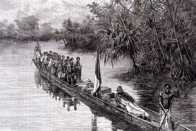 Savorgnan de Brazza in einem Kanu im Pandanus von Westafrika - in „Tour du Monde“, 2. Woche 1887 von French School