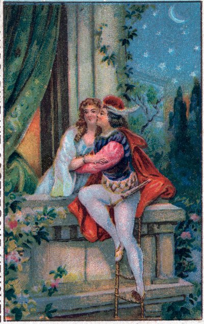 Szene aus Shakespeares "Romeo und Julia", Akt 3, Szene 5: die Liebenden auf dem Balkon. von French School