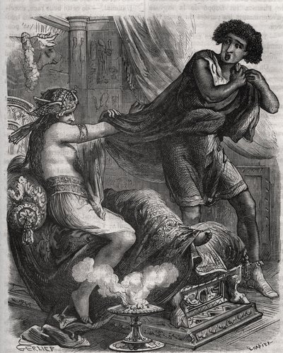Szene aus der Bibel: "Sie ergriff den zu tugendhaften jungen Mann bei seiner Tunika". Die Frau von Putiphar versucht, Joseph, einen Sklaven des Pharaos, zu verführen. Gravur von 1871 in "Histoire Des Cocus Celebres" von Henry de Kock (1819-1892) von French School
