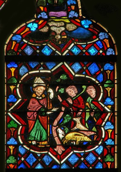 Szene im Ostfenster, Darstellung von St. Samson verwandelt Schweine in Ziegen von French School