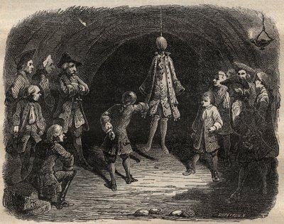 Schule der Diebe gegründet von dem Räuber Louis Dominique Garthausen genannt Cartridge (1693-1721) in einer Karriere in Paris: ein Modell hängt von der Decke, dessen Taschen geleert werden sollen, ohne sich zu bewegen, sonst gibt es eine Schussregen - Schu von French School