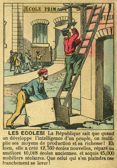 Schulen, die die Vorteile der Dritten Republik für die Entwicklung der Bildung in den Schulen veranschaulichen. Gravur in „Le Figaro, Supplement“, am 30.03.1889, Paris. Sammlung Selva. von French School