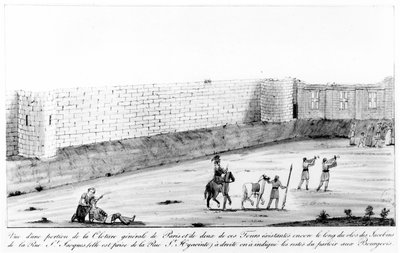 Abschnitt der Stadtmauer des rechten Seineufers in Paris, gebaut zwischen 1190 und 1209 auf Befehl von Philippe II. Auguste, spätes 18. Jahrhundert von French School