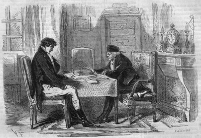 Serie: „Reich und Arm“ von Emile Souvestre. Zwei Männer im Gespräch: „Skrupel haben noch niemanden gequält.“ Gravur in „Les bons romances“ von French School