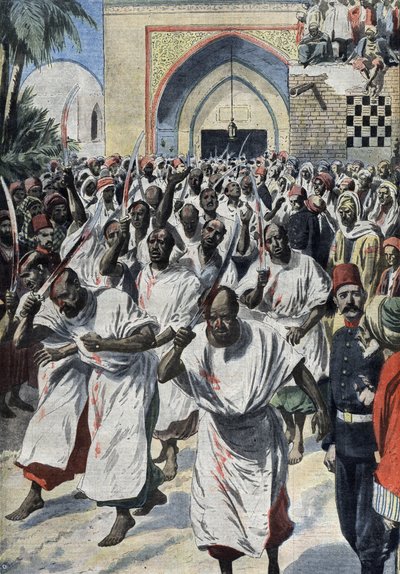 Schiitische Muslime auf Pilgerfahrt in Karbala (Irak), am Grab von Husayn - „Le Petit Journal“, April 1909 (Gravur) von French School