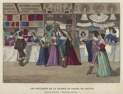 Läden in der Galerie du Palais de Justice, Paris, Zeit von Ludwig XIII., 17. Jahrhundert von French School