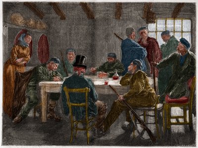 Sizilianische Mafia im 19. Jahrhundert: Verhör eines Landbesitzers durch sizilianische Mafiosi im Jahr 1873. Gravur von 1873. von French School