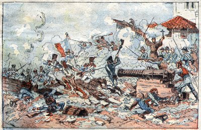 Belagerung und Eroberung von Saragossa (Zaragoza) in Spanien im Februar 1809 durch die napoleonischen Truppen. Gravur des 19. Jahrhunderts von French School