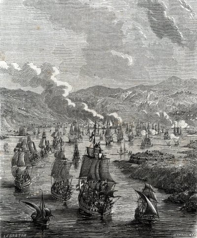 Belagerung von Toulon fand zwischen dem 29. Juli und 21. August 1707 während des Spanischen Erbfolgekriegs statt, als eine alliierte Land- und Seestreitmacht die französische Marinebasis in Toulon belagerte (Gravur) von French School
