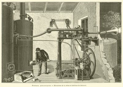 Akustische Signale, Mechanismus der Sirene und Innenansicht des Gebäudes von French School