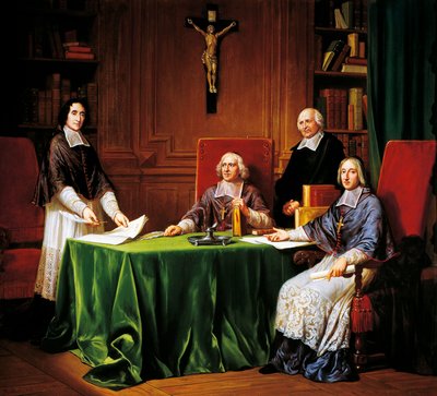 Unterzeichnung der Artikel der Konferenz von Issy, die 1697 zwischen Jacques Benigne Bossuet (Bischof von Meaux), Louis-Antoine Noailles (Bischof von Chalons) und Francois Fenelon (Erzbischof von Cambrai) stattfand von French School