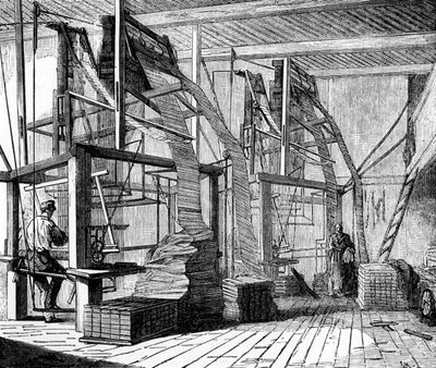 Seidenweber in einer Werkstatt in Lyon, die einen Jacquard-Webstuhl benutzen, ca. 1880 von French School