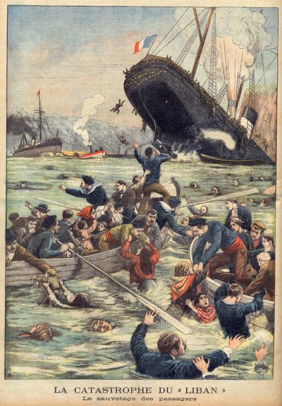 Untergang des Dampfschiffs Liban vor Marseille, Passagiere werden gerettet in „Le Petit Journal“ vom 21. Juni 1903 (Gravur) von French School