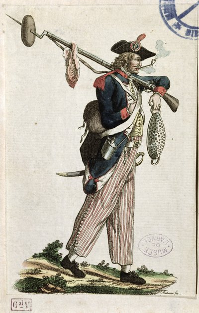 Soldat der Französischen Revolution mit einem Bajonett, an dem ein Brotlaib und ein Stück Fleisch befestigt sind: L